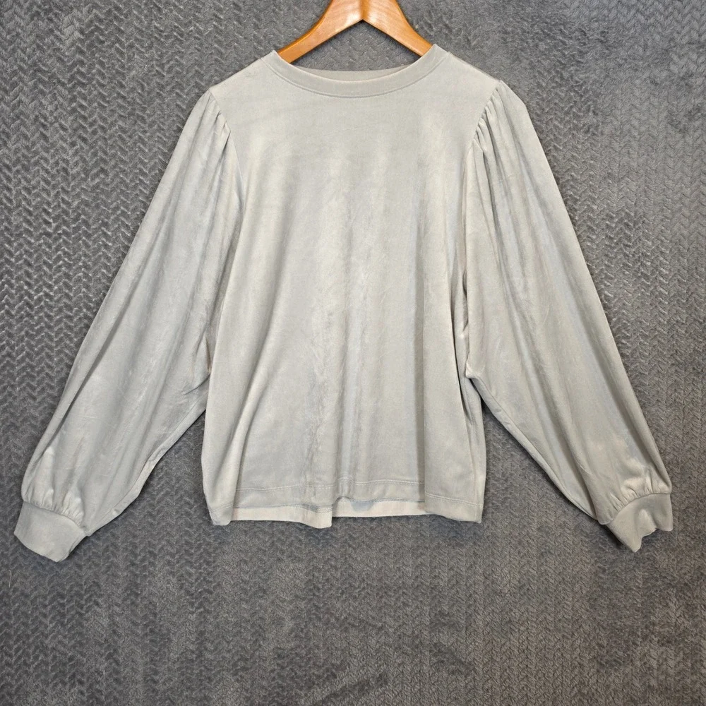 LOFT Womens Light Gray Velour Puff Sleeve Crew Neck Top Blouse Large RN140923